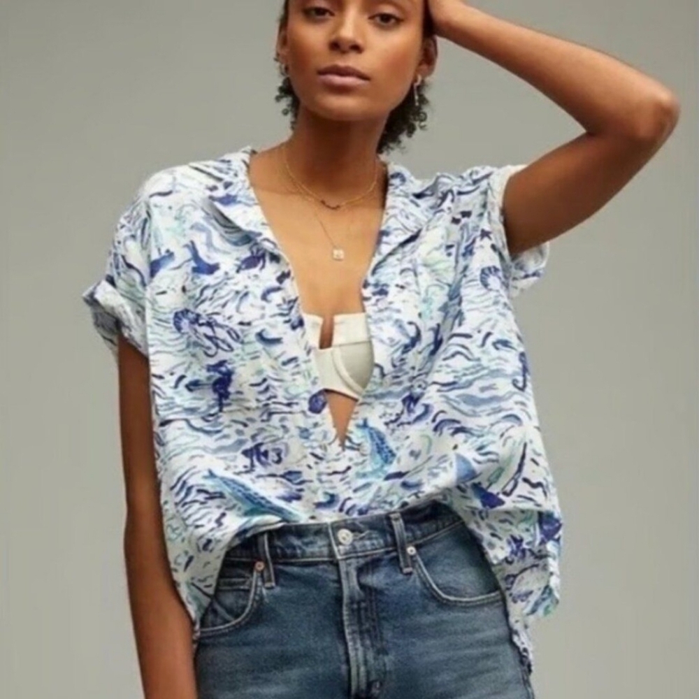 NWOT Maeve by Anthropologie Classic Surf Shirt White Blue Motif Linen Size XXS